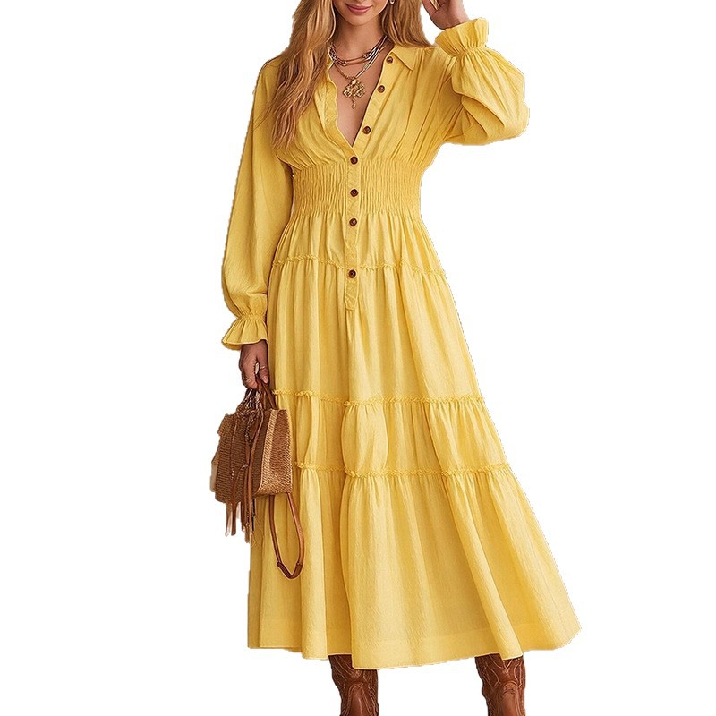 Casual Retro Elegant Solid-color Single-breasted Shirt Dress
