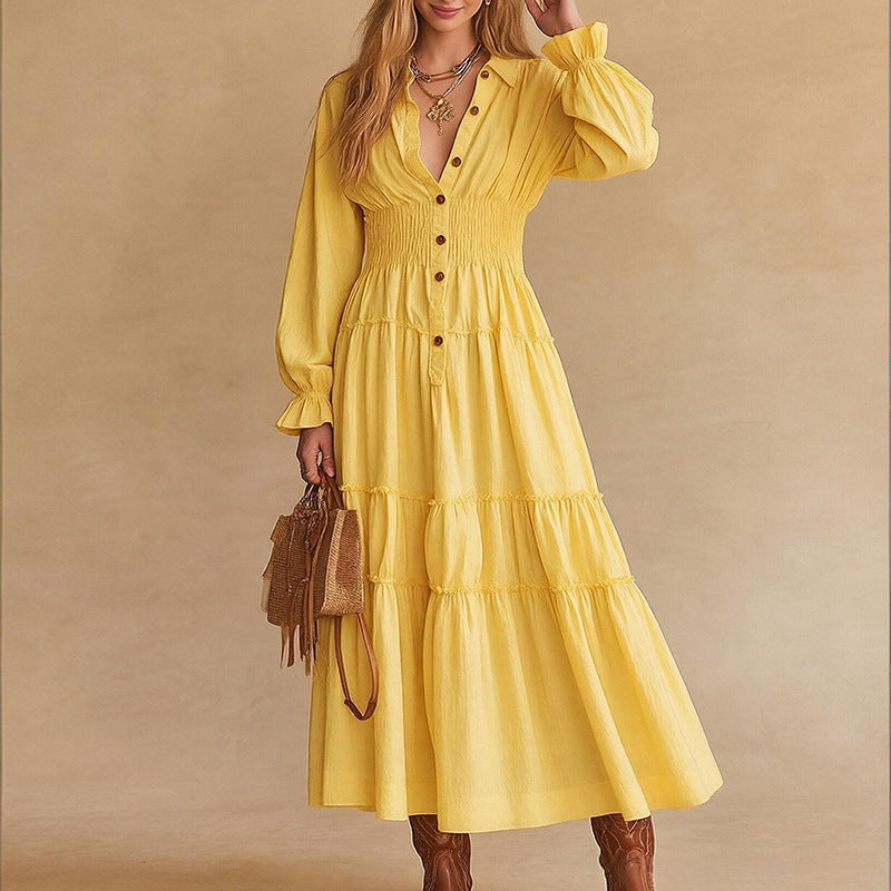 Casual Retro Elegant Solid-color Single-breasted Shirt Dress