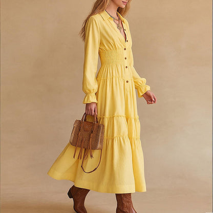 Casual Retro Elegant Solid-color Single-breasted Shirt Dress