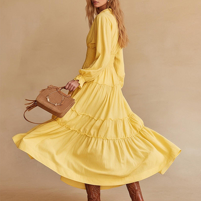 Casual Retro Elegant Solid-color Single-breasted Shirt Dress